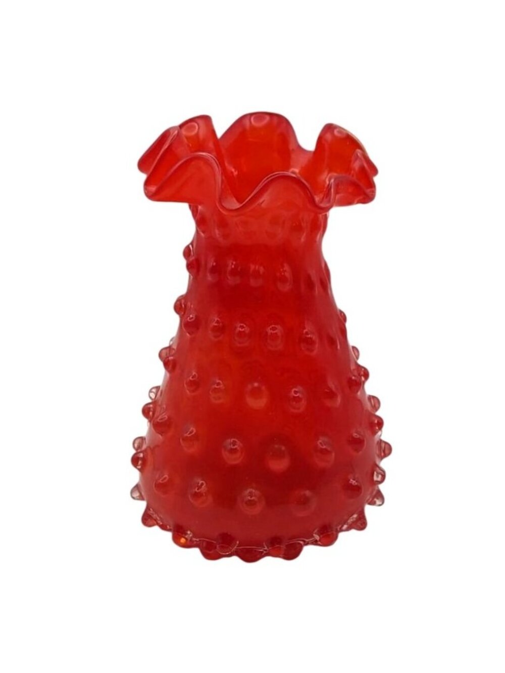 Empoli Glass Hobnail Spiked Vase Red Ruffled Vintage Mid-Century Modern Italy